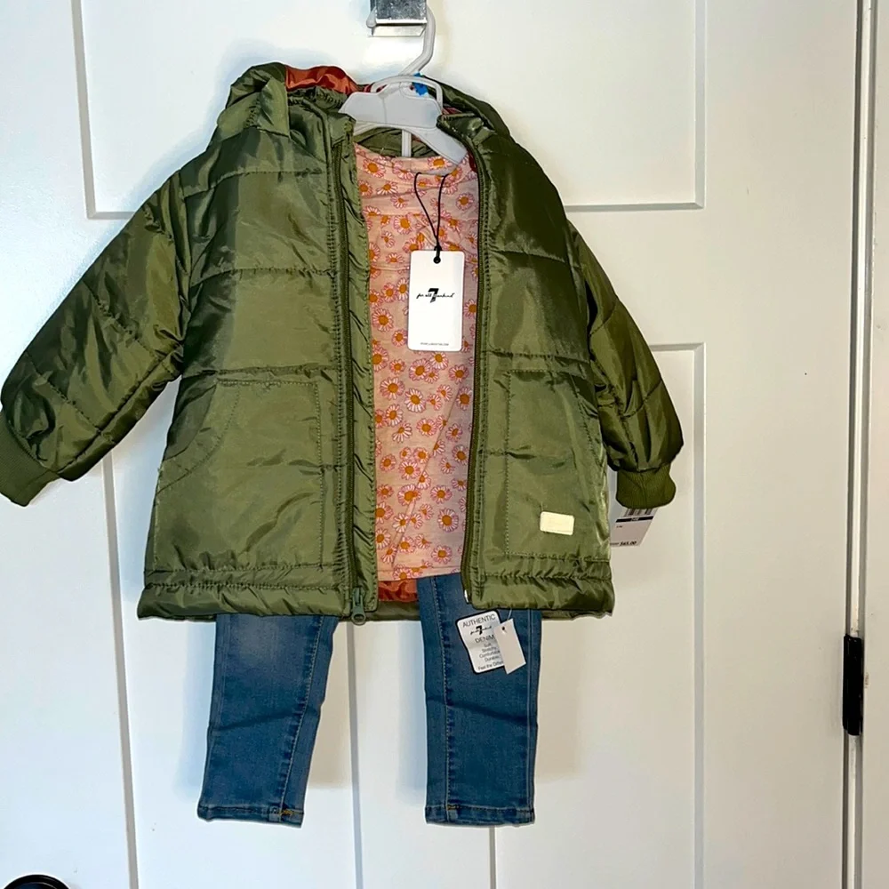 7 for all Mankind 3-Piece Quilted Jacket, Long Sleeve Top & Denim‎ Pants Set